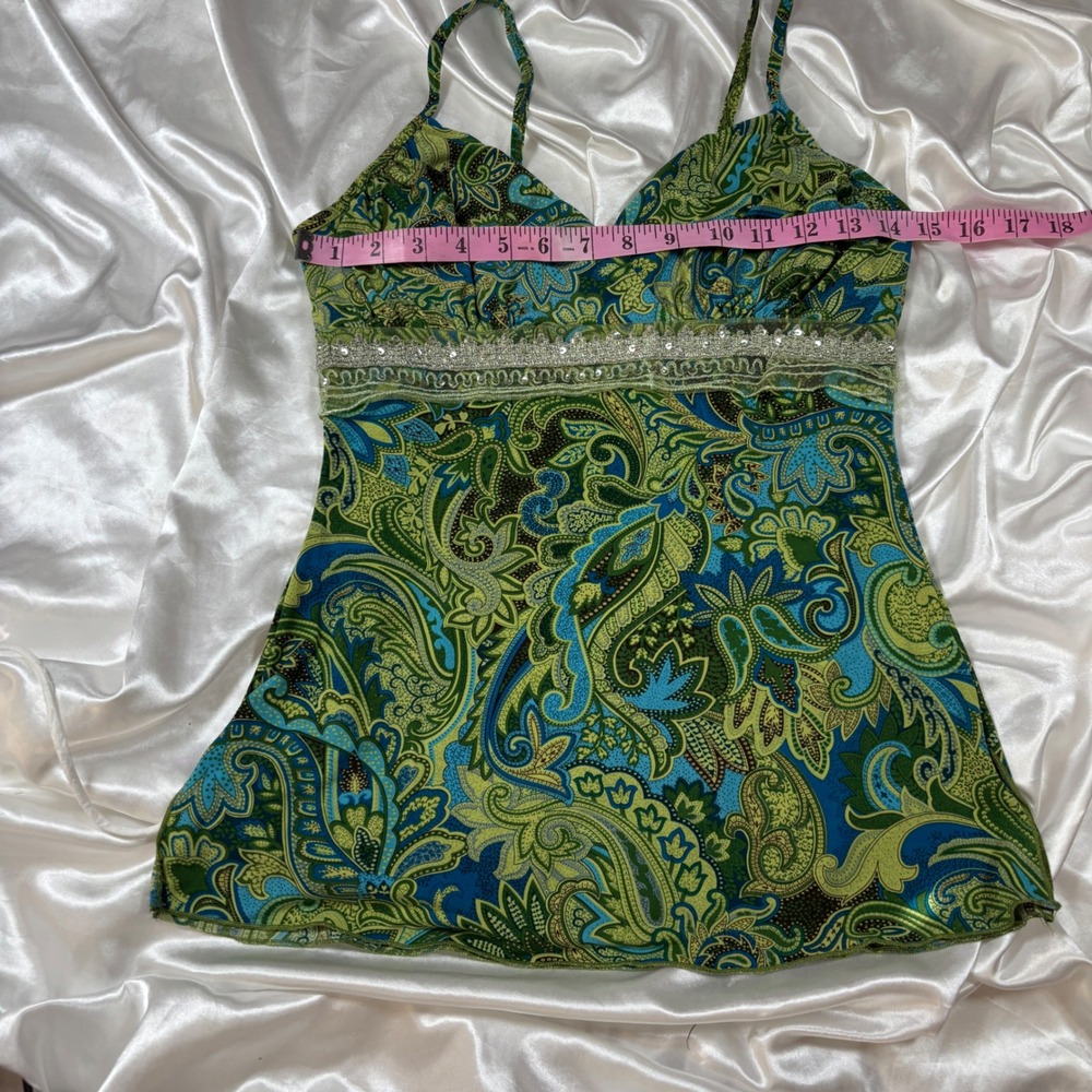 y2k Cami Top Green Excellent Paisley Sequin Empire Waist Perseption Tank - Picture 6 of 7